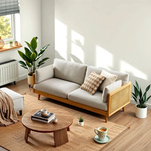 Load image into Gallery viewer, Adorn Homez Florence 3 Seateer Sofa in Solid Wood In Fabric With Rattan/Cane