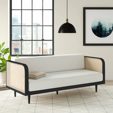 Load image into Gallery viewer, Adorn Homez Agustín 3 Seater Sofa in Premium Velvet Fabric With Rattan Cane Mesh
