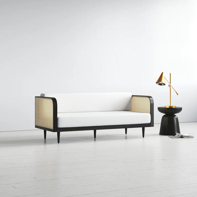 Adorn Homez Agustín 3 Seater Sofa in Premium Velvet Fabric With Rattan Cane Mesh
