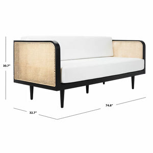 Adorn Homez Agustín 3 Seater Sofa in Premium Velvet Fabric With Rattan Cane Mesh