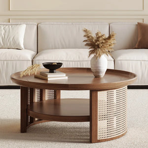 Adorn Home Solid Wood Orwell Round Coffee table wtih Rattan/Cane Mesh