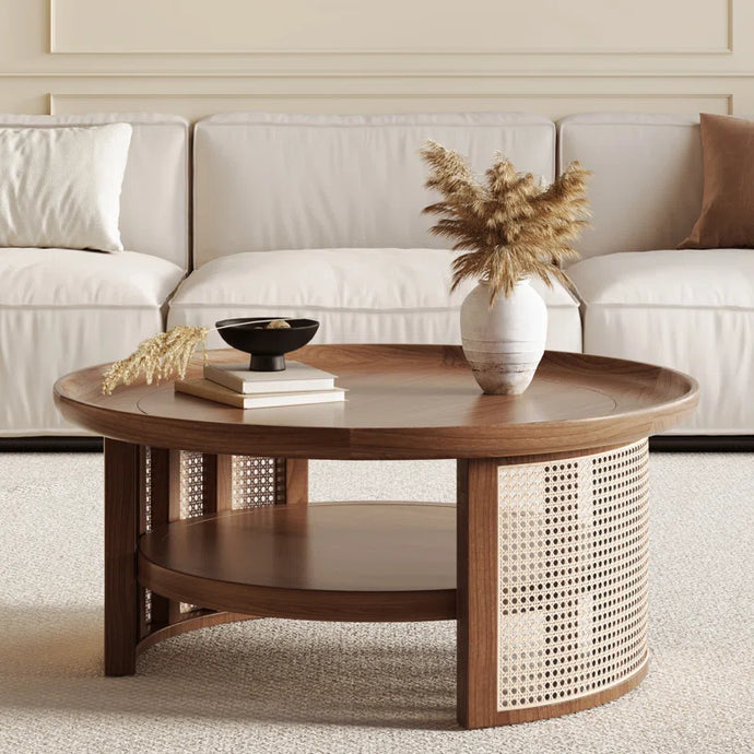 Adorn Home Solid Wood Orwell Round Coffee table wtih Rattan/Cane Mesh