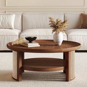 Adorn Home Solid Wood Orwell Round Coffee table wtih Rattan/Cane Mesh
