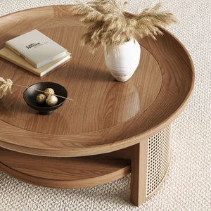 Adorn Home Solid Wood Orwell Round Coffee table wtih Rattan/Cane Mesh
