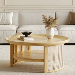 Adorn Home Solid Wood Orwell Round Coffee table wtih Rattan/Cane Mesh
