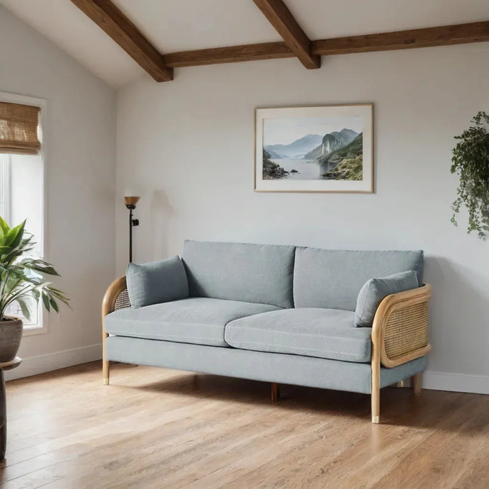 Adorn Homez Basel 3 Seater Sofa in Premium Fabric With Rattan/Cane